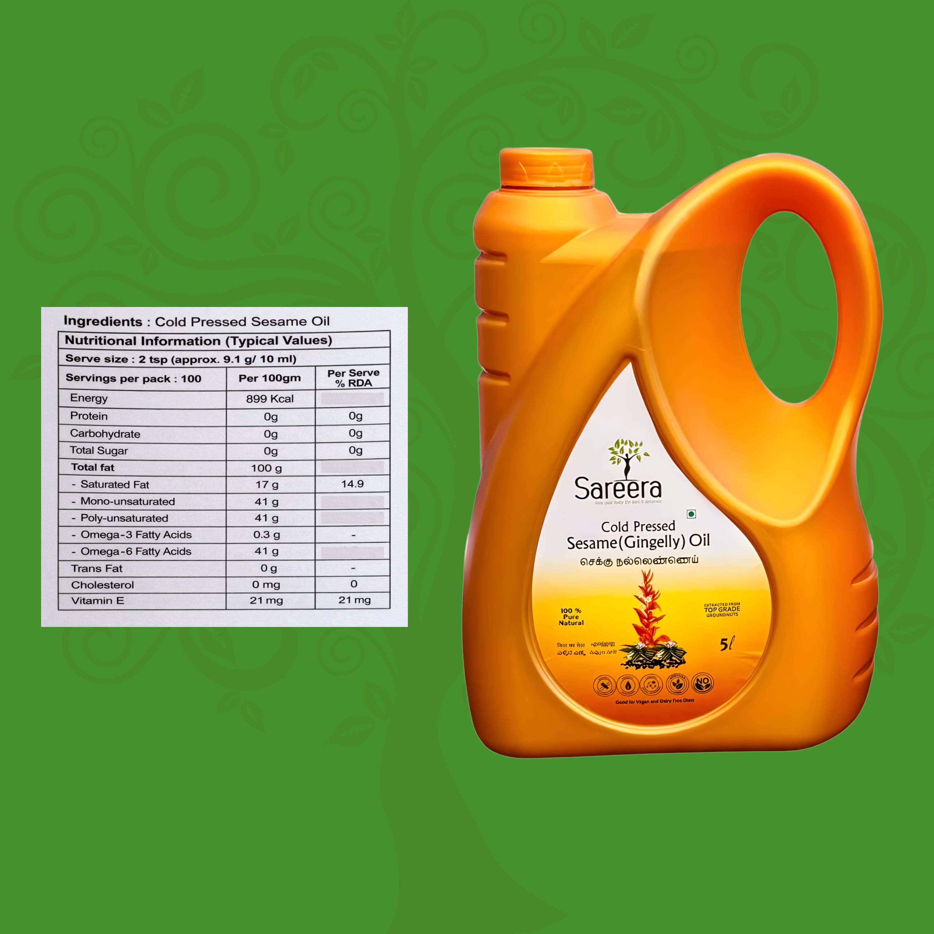 Sareera Cold Pressed Sesame(Gingelly) Oil - 5 Ltr