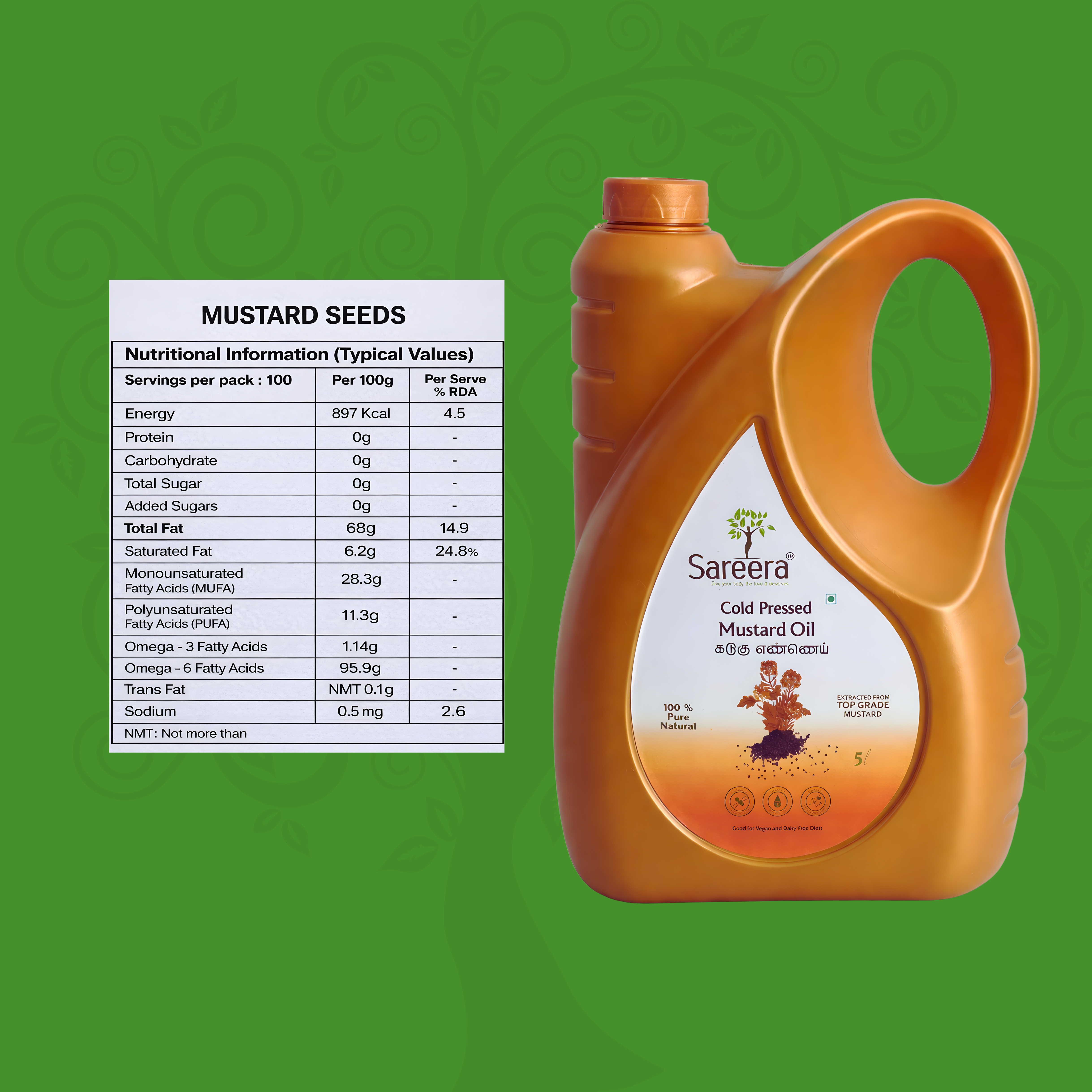 Sareera Cold Pressed Mustard Oil - 5 Ltr