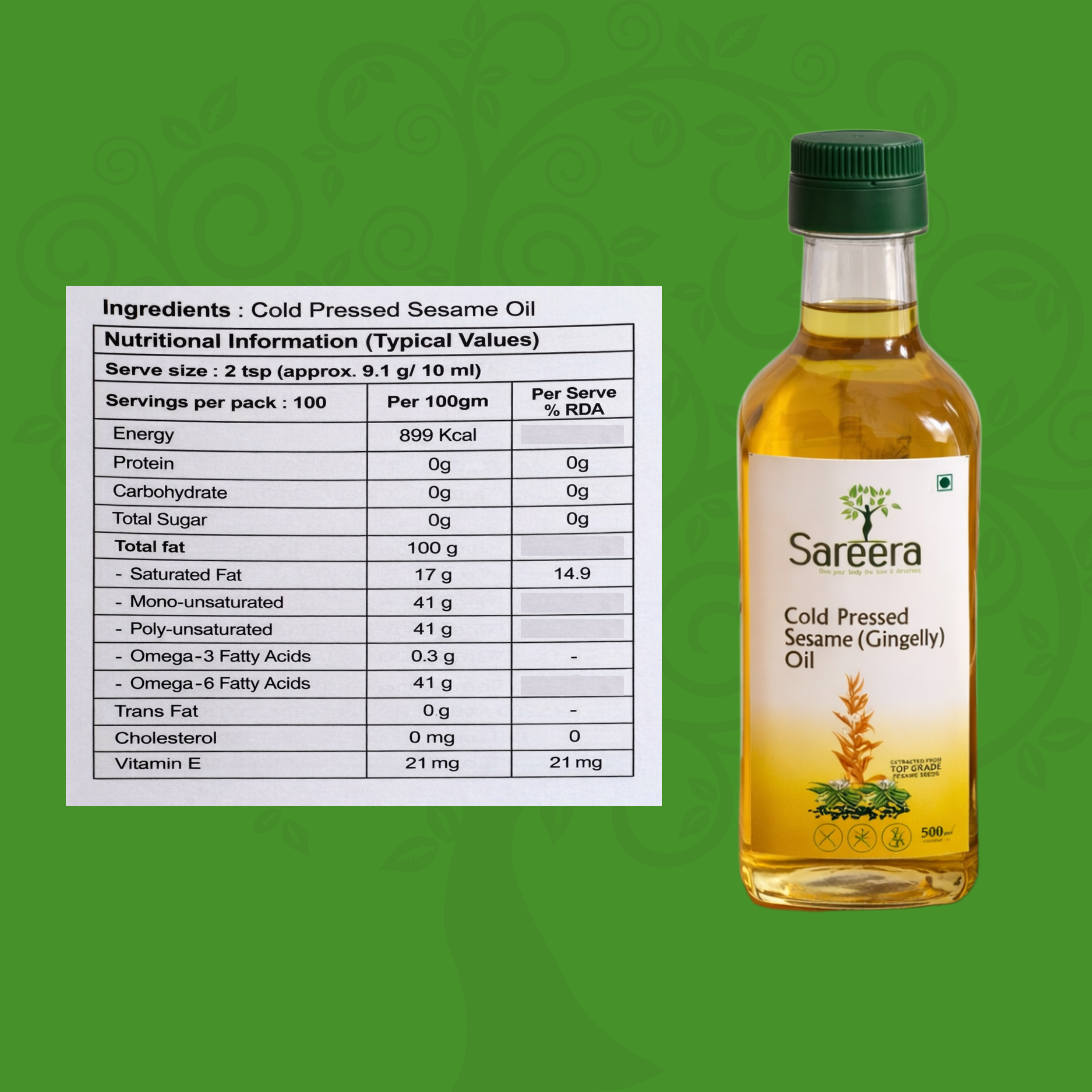Sareera Cold Pressed Sesame(Gingelly) Oil - 500 ML